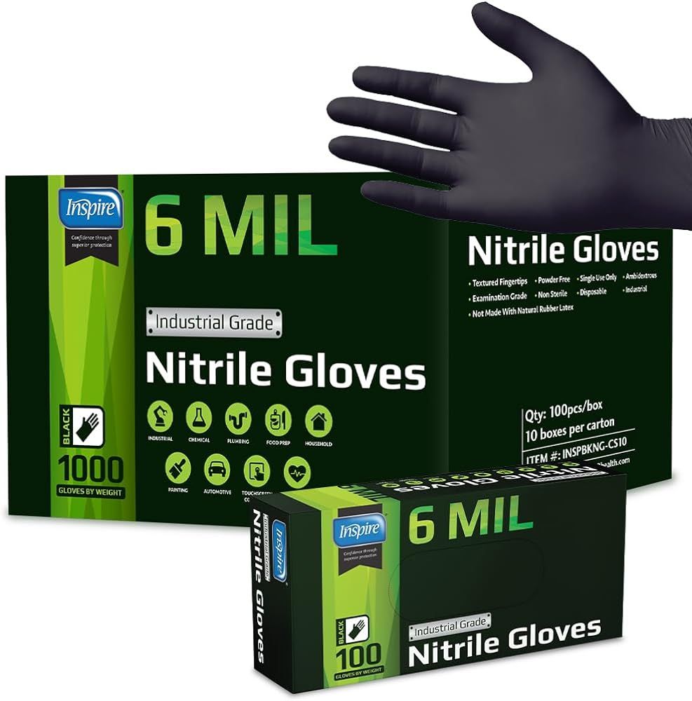 Inspire Black Nitrile Gloves HEAVY DUTY 6 Mil Nitrile Chemical Resistant Medical Cooking Cleaning... | Amazon (US)