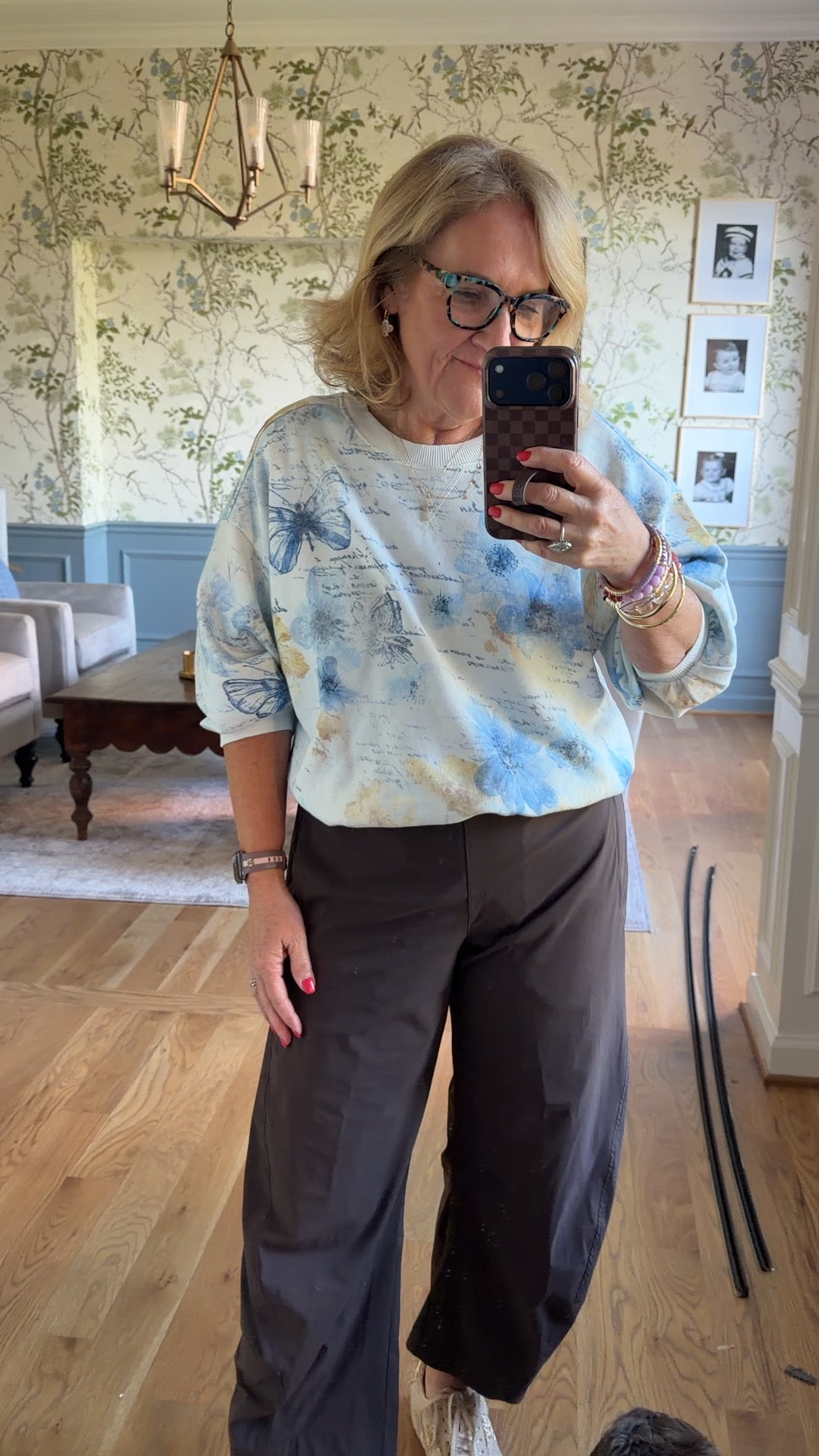 Pants I sized up to a 10 petite 
Sweatshirt size medium 
20% off my bracelets code NANETTE20 I removed the green pieces from my bracelet stack and just added the clears out. I will link that too.

#LTKootd #LTKOver40 #LTKPetite