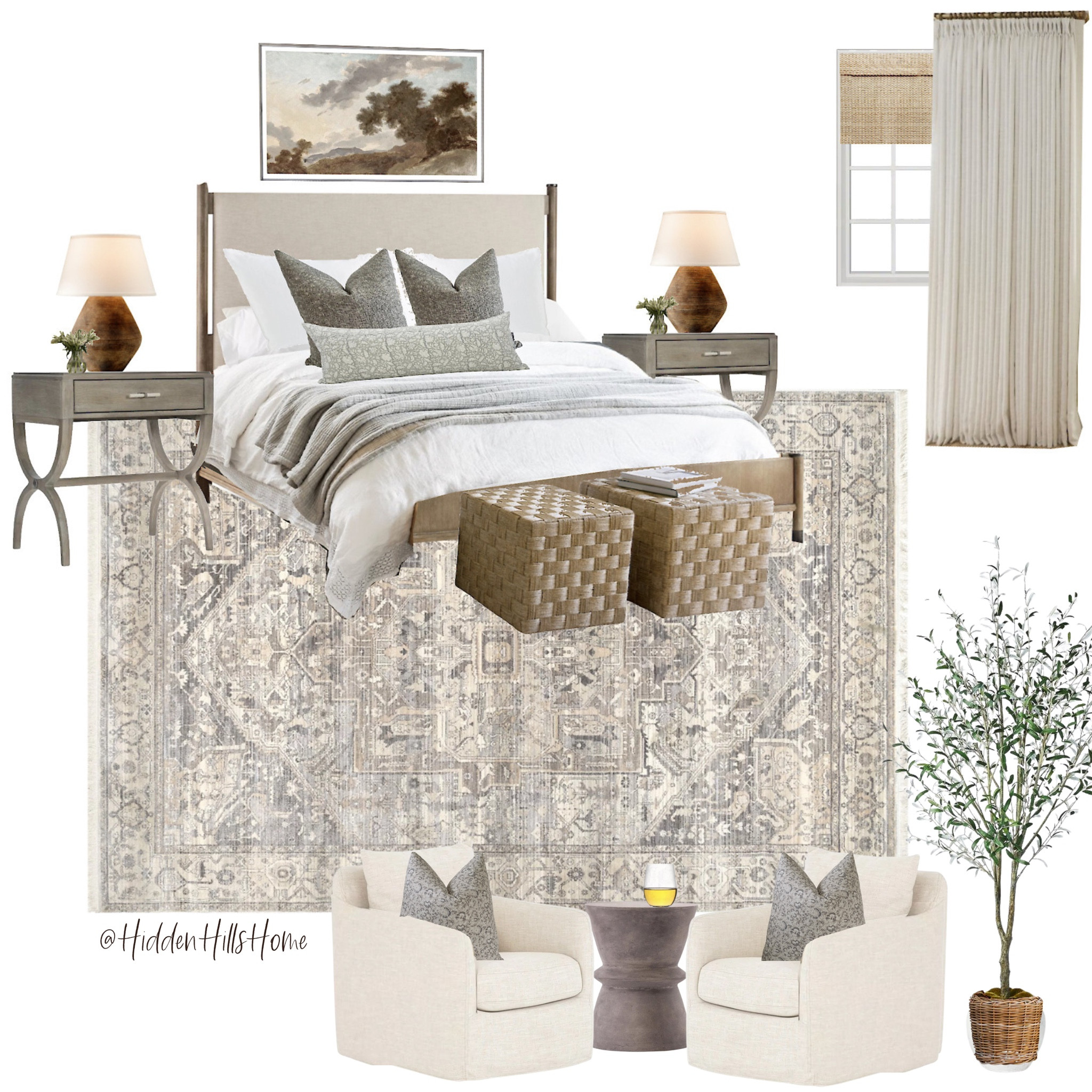 Bedroom decor, home decor, master bedroom, primary bedroom, nightstands, bedroom rug, curtains, swivel chairs #bedroom #homedecor

#LTKhome #LTKsalealert #LTKstyletip