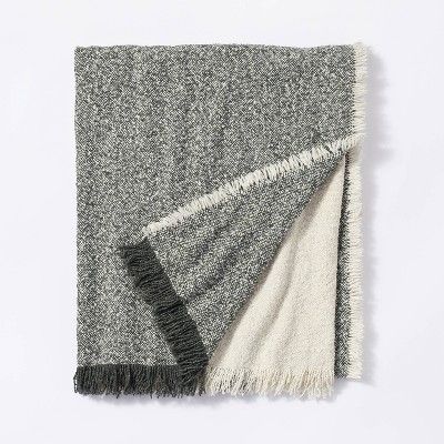 Color Block Boucle Throw Blanket with Frayed Edges Cream/Green - Threshold&#8482; designed with S... | Target