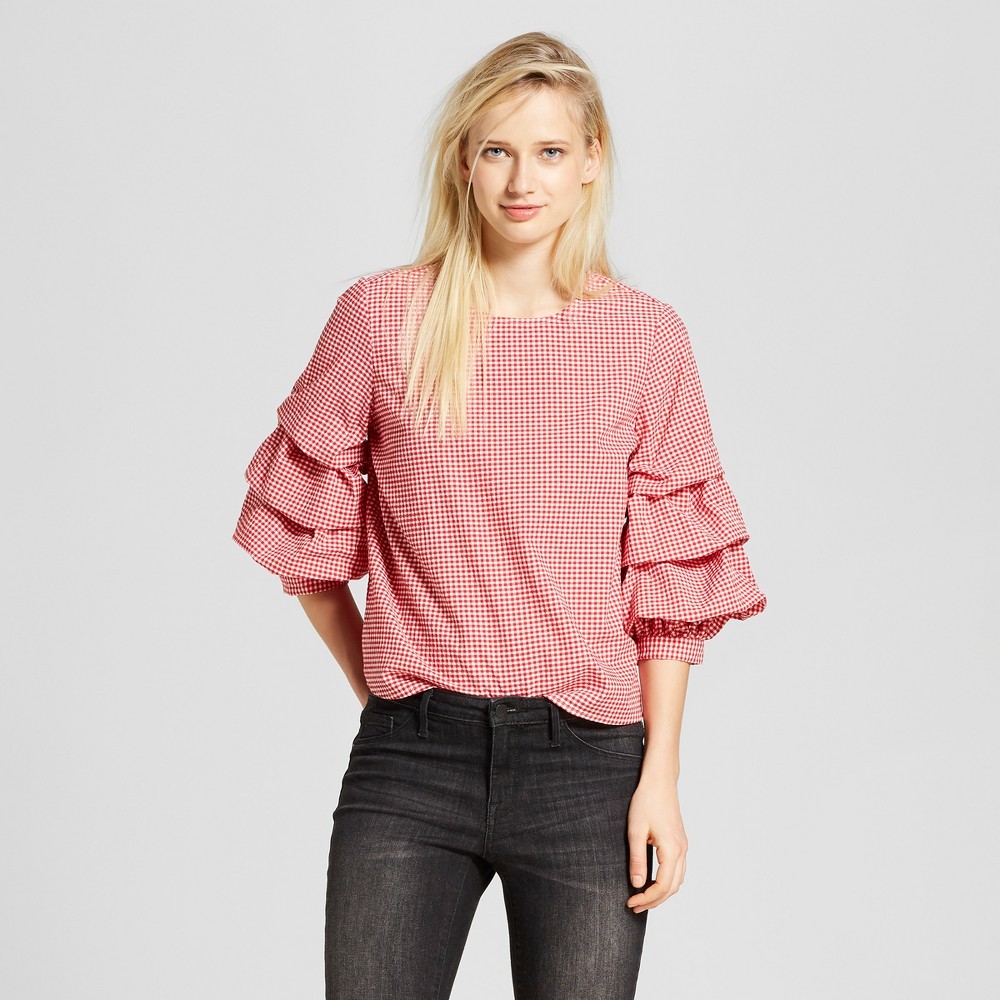 Women's 3/4 Pick-Up Sleeve Top - Who What Wear Red Gingham XS | Target