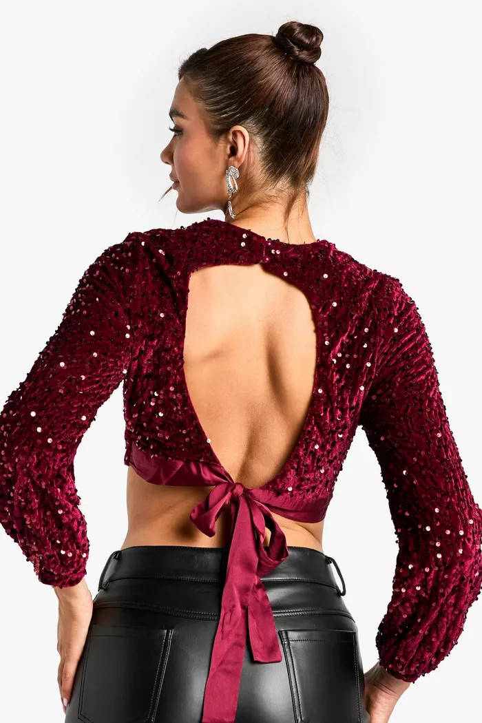 Black Tie Back Sequin Crop | Boohoo.com (UK & IE)