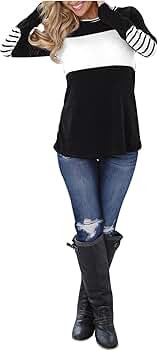 Blooming Jelly Women's Long Sleeve Round Neck Elbow Patched Color Block Stripe Shirt Tops(XL),Bla... | Amazon (US)