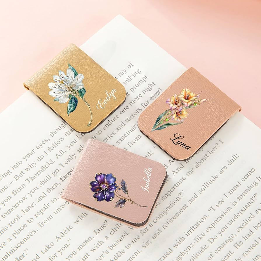callie Personalized Watercolor Birth Flower Magnetic PU Leather Bookmark Clip with Name and Initi... | Amazon (US)