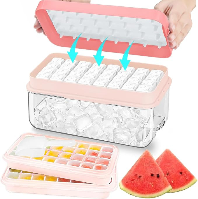 Ice Cube Tray with Lid and Bin, 64 pcs Ice Tray Kit with Ice Scoop, Ice Cube Pop Out Tray, Ice Cu... | Amazon (US)
