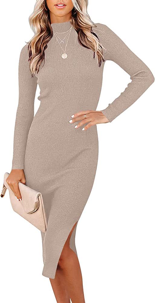 ANRABESS Women's Long Sleeve Ribbed Sweater Dress Turtleneck Slim Fit Slit Midi Dress | Amazon (US)