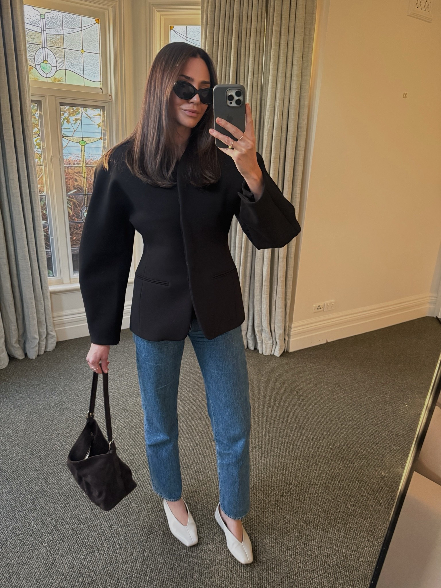 Today’s fit 

Black jacket with exaggerated arms and cinched in at waist
Blue high rise straight leg denim 
Chocolate suede bag 
Black chic sunglasses 
Cream leather flats

#LTKaustralia #LTKwinter #LTKstyletip