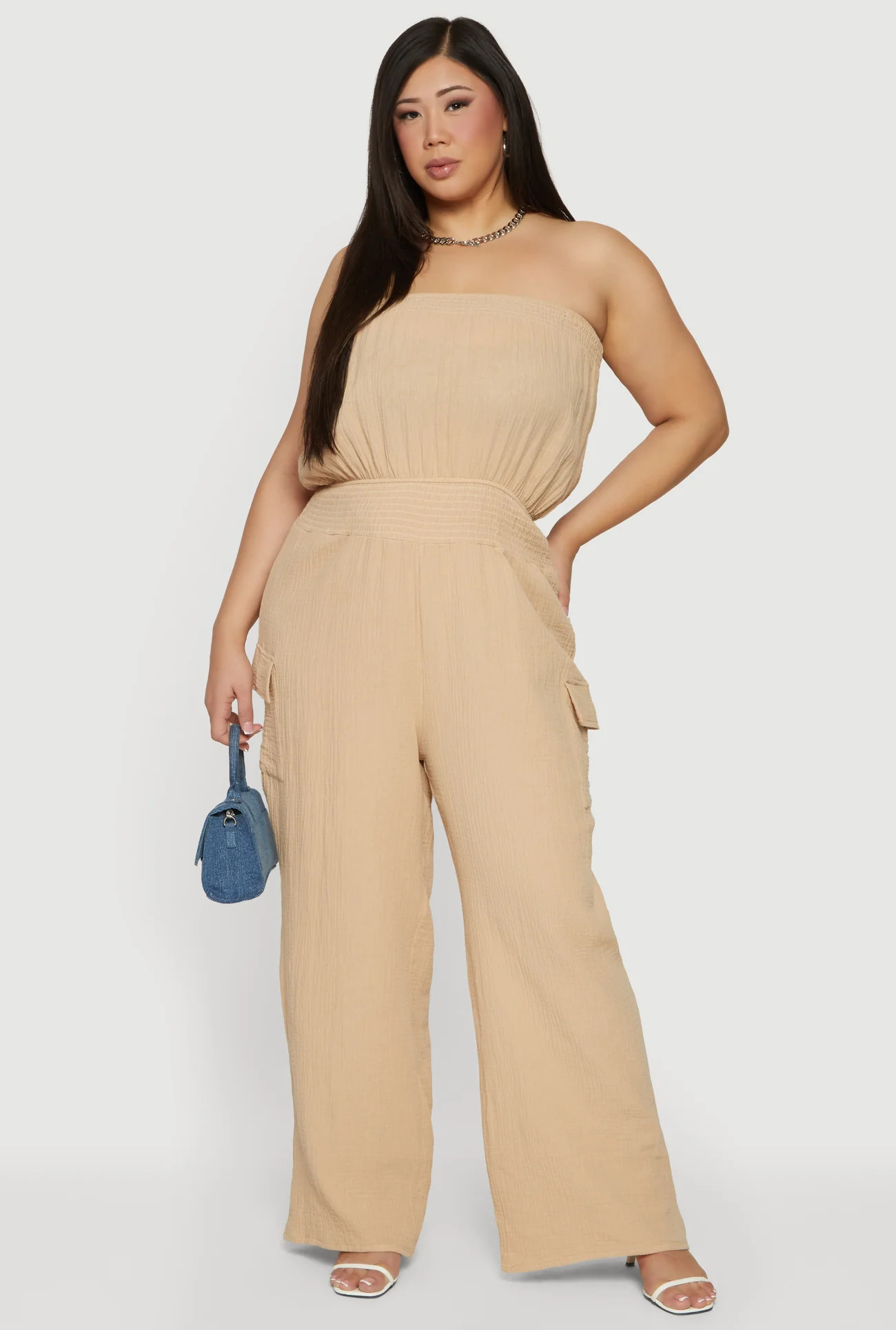 Plus Size Smock Waist Cargo Pocket Tube Jumpsuit | Rainbow Shops