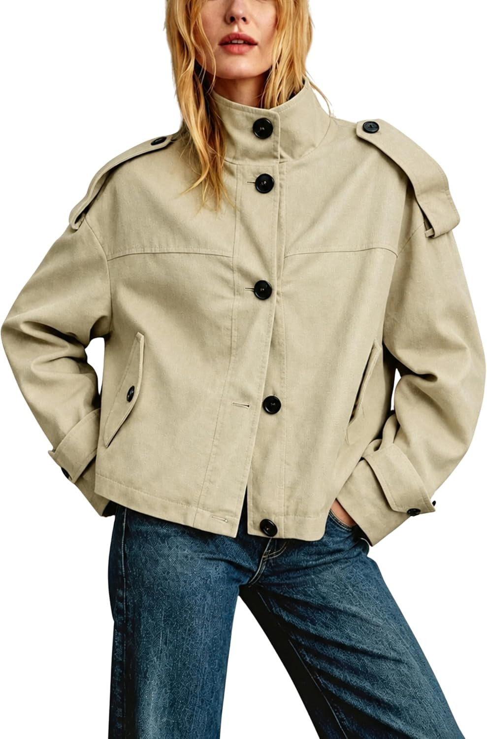 Women's Cropped Trench Coat Casual Oversized Button Down Jacket | Amazon (US)