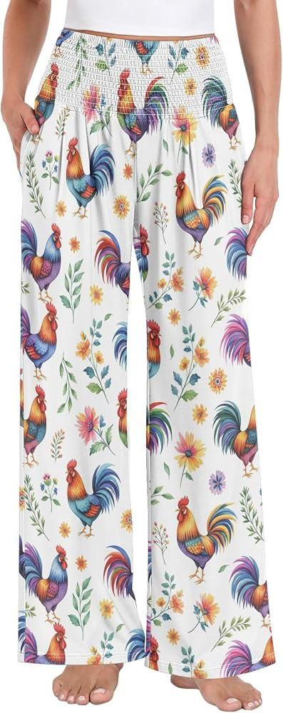 Exnundod Womens Wide Leg Pants Colorful Roosters Floral Smocked High Waist Palazzo Pant Loose Tro... | Amazon (US)