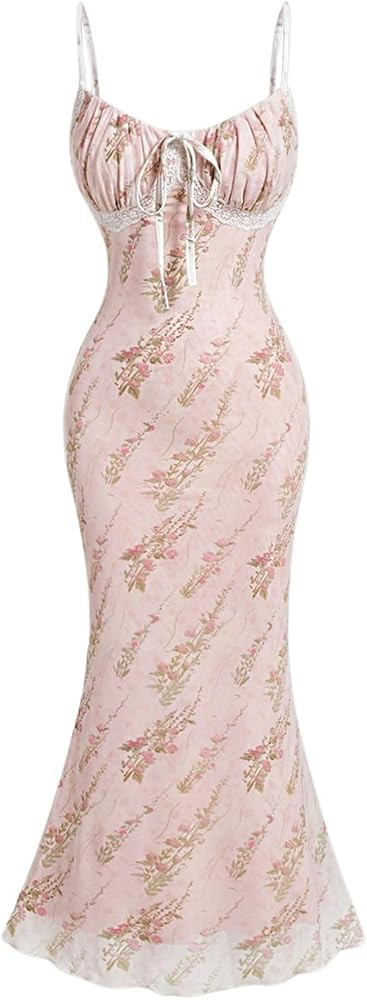 Verdusa Women's Ruched Tie Front Sleeveless Floral Print Mesh Fishtail Long Cami Dress | Amazon (US)