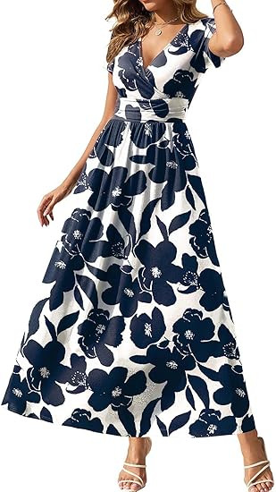 Gracyoga Women's Summer Dresses 2025 Short Sleeve Maxi Dress Casual V Neck Flowy Sundress with Po... | Amazon (US)