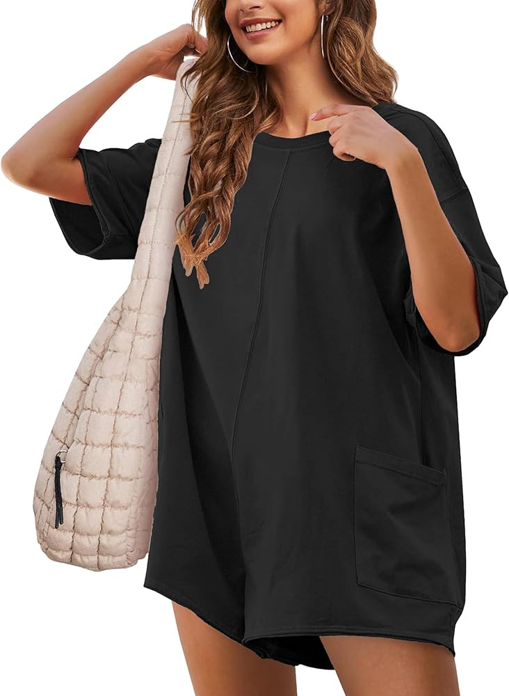 Womens Summer Oversized Rompers Casual Short Sleeve T-Shirt Overall Athletic Workout Jumpsuit wit... | Amazon (US)