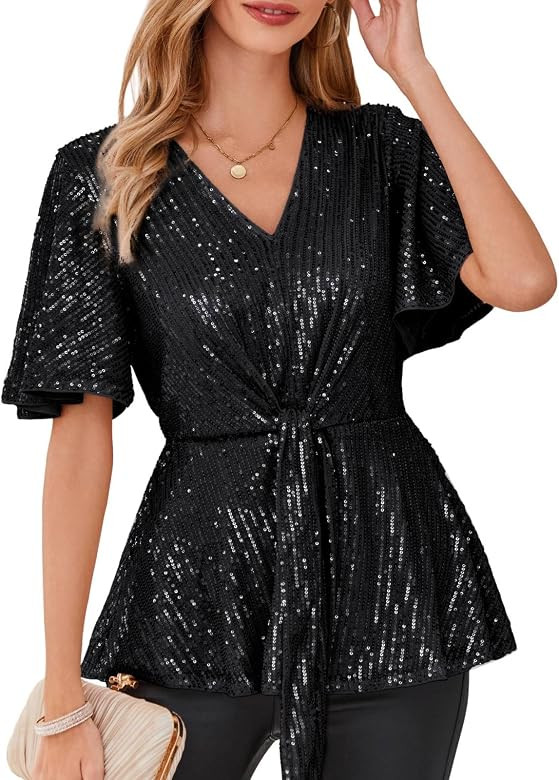 GRACE KARIN 2023 Women's Elegant Sequin Tops V Neck Tie Front Short Bell Sleeve Shirts Peplum Top... | Amazon (US)