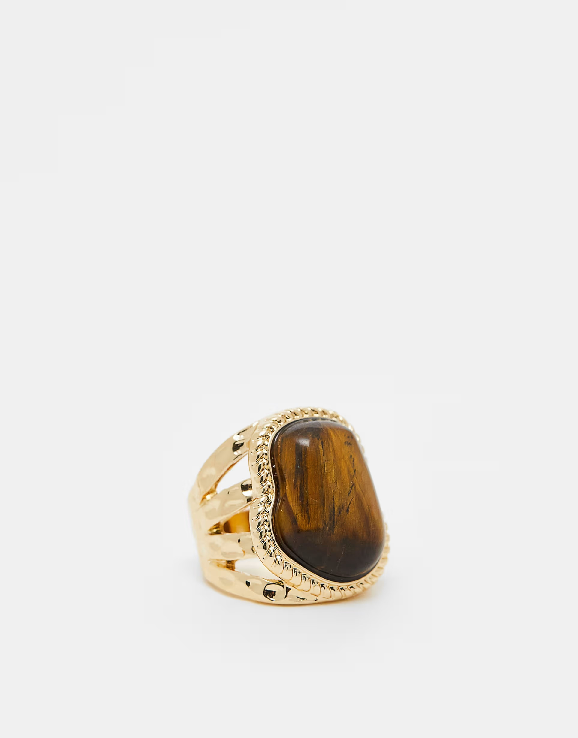 ASOS DESIGN ring with semi precious tigers eye stone with molten design in gold tone | ASOS (Global)