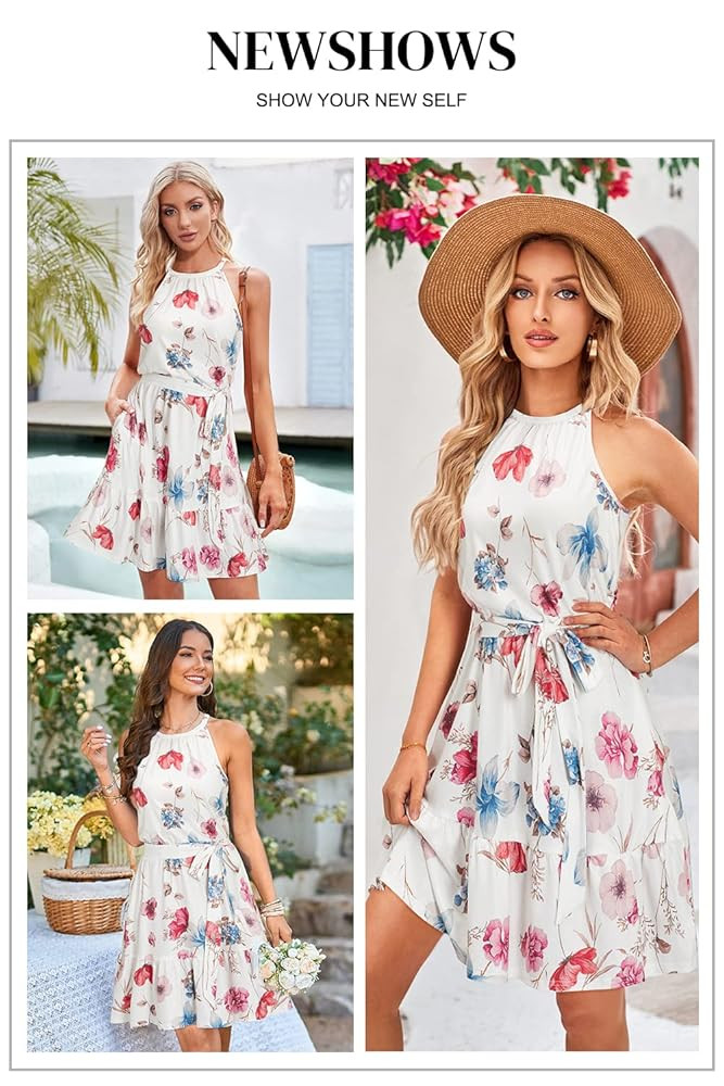 Newshows Womens 2025 Summer Dress Halter Wedding Guest Casual Beach Vacation Outfits Belted Sundr... | Amazon (US)