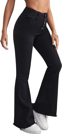 SweatyRocks Women's Casual High Waisted Flare Leg Jeans Raw Hem Bell Bottom Denim Pants | Amazon (US)