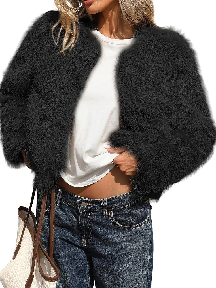 ELLEVEN Women’s Fluffy Faux Fur Cropped Coat – Soft Warm Fashion Winter Jacket with Hooks & P... | Amazon (US)