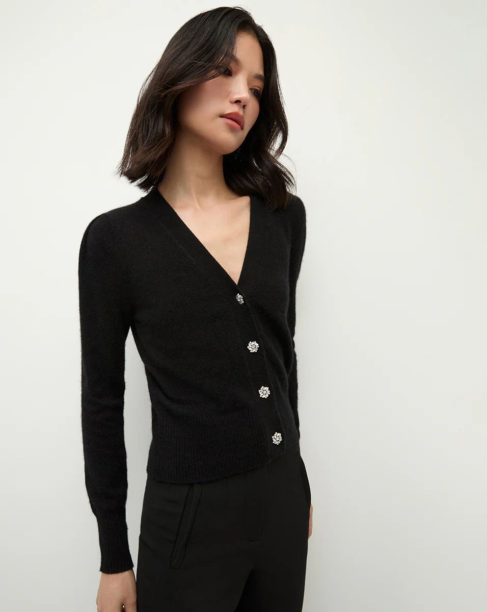 Veronica Beard Solene Rhinestone-Button Cashmere Cardigan Black | Veronica Beard