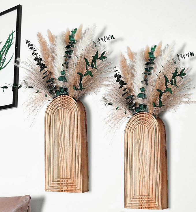 Set of 2 Wooden Vases with Pampas Grass and Eucalyptus – Boho Decor for Living Room, Modern Far... | Amazon (US)