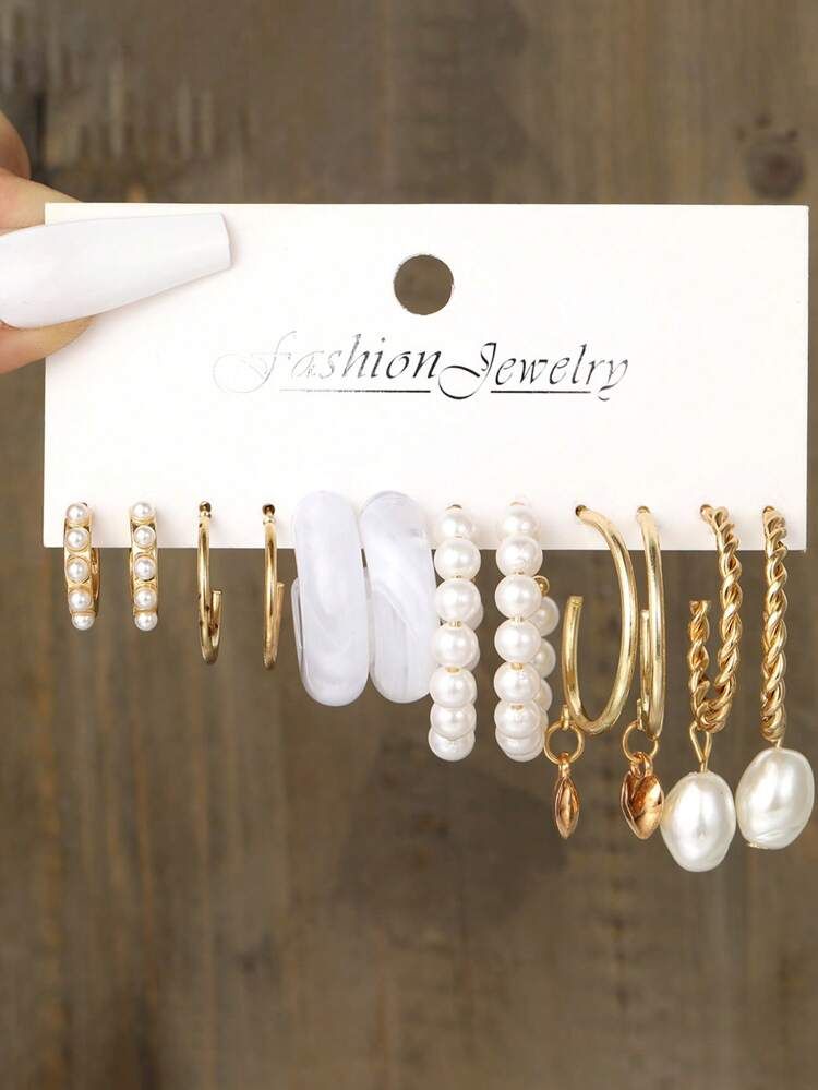 12pcs/set Elegant Zinc Alloy Faux Pearl Decor Hoop Earring For Women For Daily Life | SHEIN
