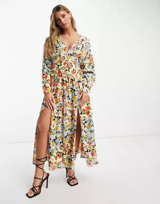 ASOS DESIGN viscose batwing button through midi tea dress in ditsy floral | ASOS (Global)