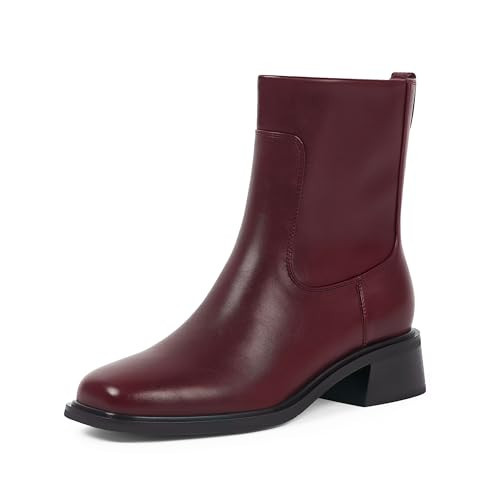QIY Womens Boots Ankle Burgundy Leather Boots for Women Chunky Block Heel Fall Square Toe Burgundy Boot for Women Dress Short Gogo Flat Boot Size 9 | Amazon (US)