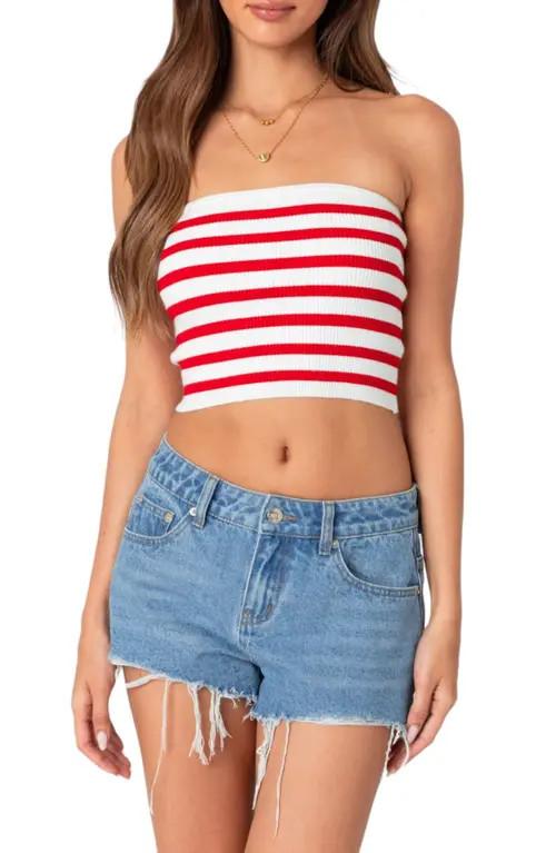 EDIKTED Lexi Stripe Rib Tube Top in Red at Nordstrom, Size Small | Nordstrom