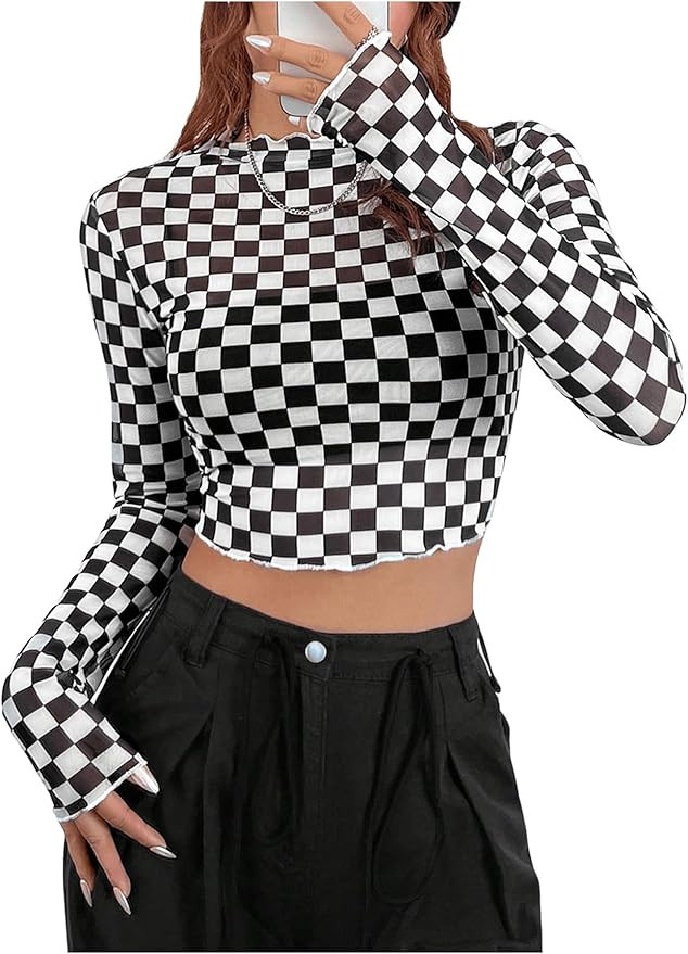 SHENHE Women's Plaid Long Sleeve Mock Neck Lettuce Trim Crop Tee Checkered Fitted Top | Amazon (US)