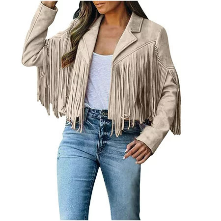 Women Faux Suede Fringe Jacket Short Coat Long Sleeve Tassels Open Front Faux Leather Cardigan Coat Outwear | Walmart (US)