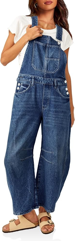 PLNOTME Womens Denim Bib Overalls Barrel Leg Adjustable Strap Jean Pants Jumpsuits with Pockets | Amazon (US)