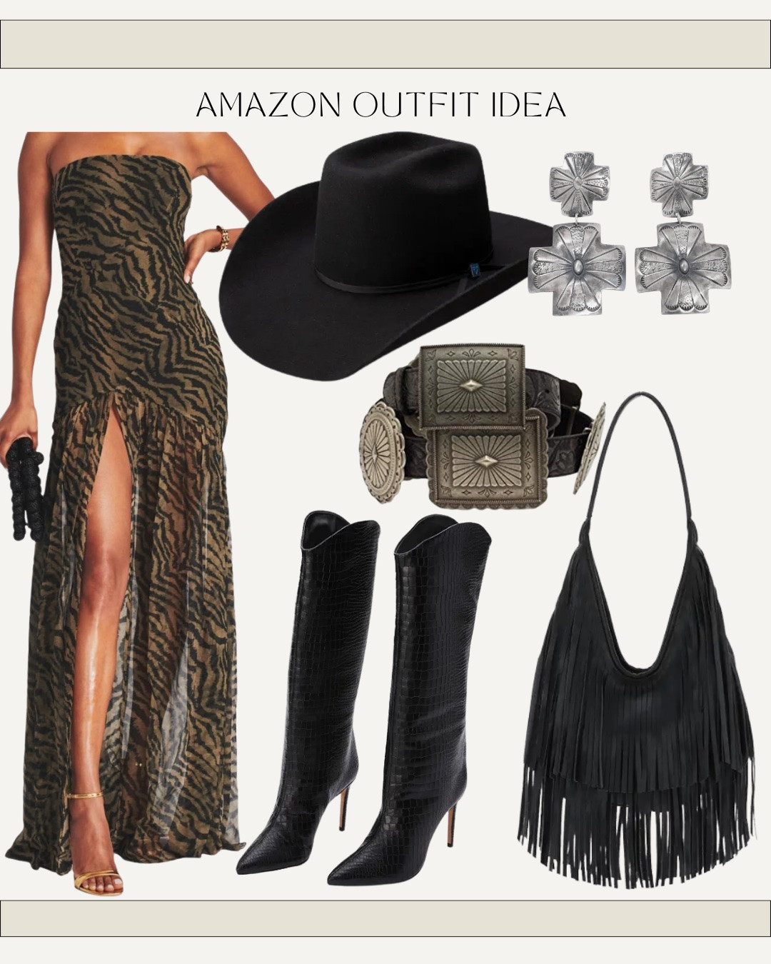 Western fashion - western wedding guest outfit idea - tiger print formal dress - NFR outfit idea - country concert outfit idea - Amazon outfit idea - tall
Black heel boots

#LTKgrwm #LTKootd #LTKWedding