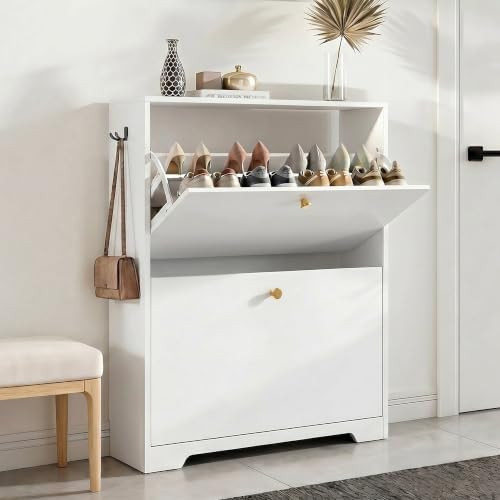 Shoe Cabinet with 2 Flip Drawers, Modern Entryway Organizer, White | Narrow Shoe Organizer, Frees... | Amazon (US)