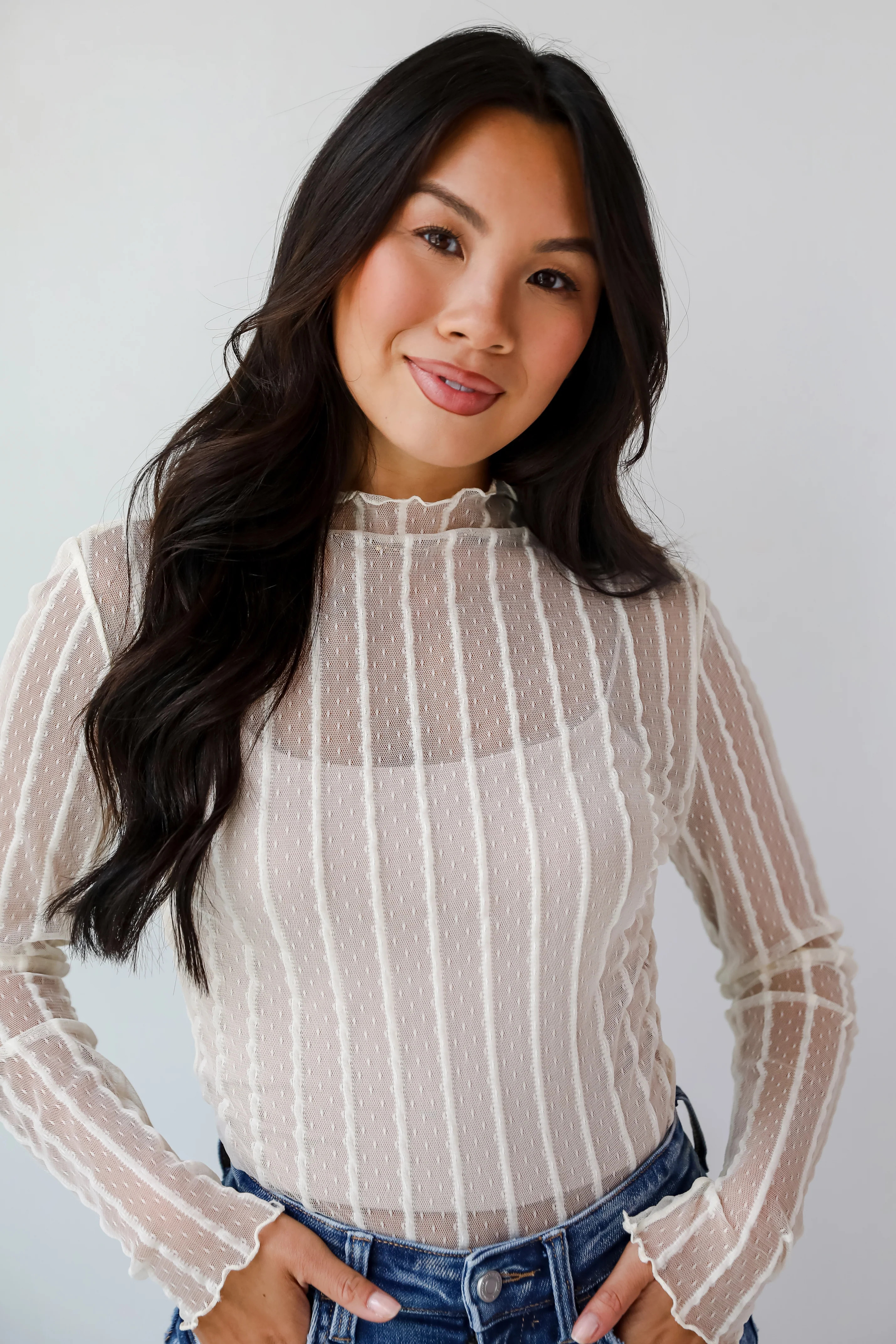 Cute Cream Lace Mesh Bodysuit | Trendy Layering Tops | Dress Up | Dress Up