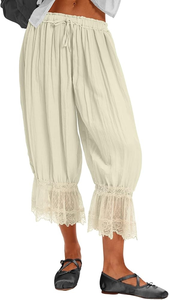 Ruffle Long Bloomers for Women Cropped Flared Capri Pants Lace Trim Pettipants Pantaloons Wide Le... | Amazon (US)