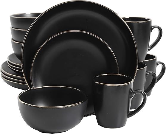 Gibson Home Rockaway Round Stoneware Dinnerware Set, Service for 4 (16pcs), Black/Gold Rim | Amazon (US)