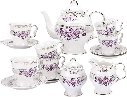 fanquare 15 Piece Porcelain Tea Set for Adults, Wedding Tea Service, Large British Teapot with Cu... | Amazon (US)