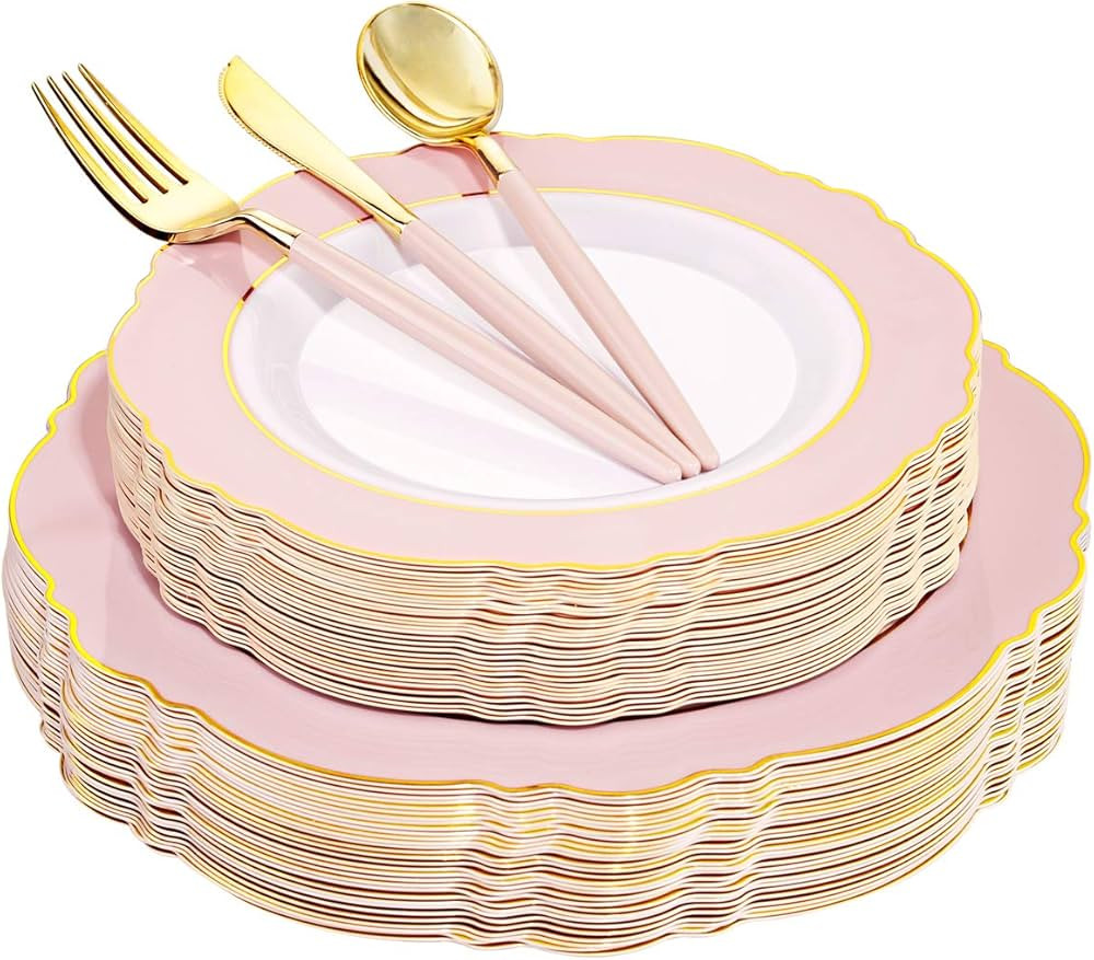 WDF 30Guest Pink Plastic Plates & Gold Plastic Silverware With Pink Handle-Baroque Pink &Gold Pla... | Amazon (US)