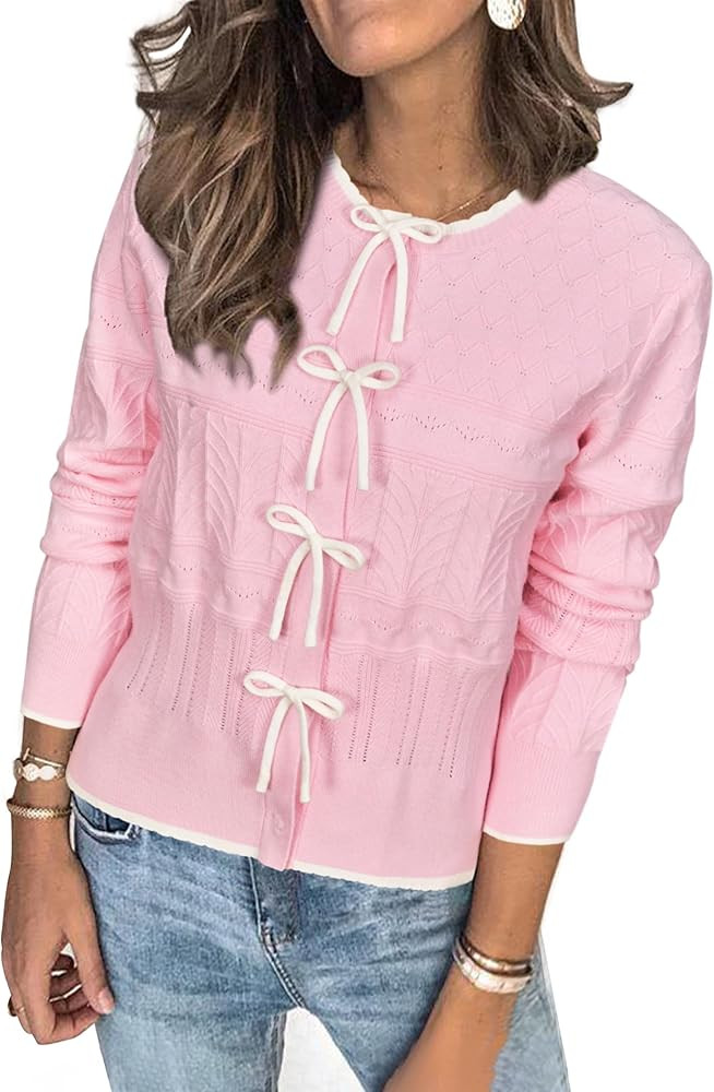 Arach&Cloz Women’s Bow Sweaters Fall Color Block Casual Cardigan Sweaters 2025 | Amazon (US)