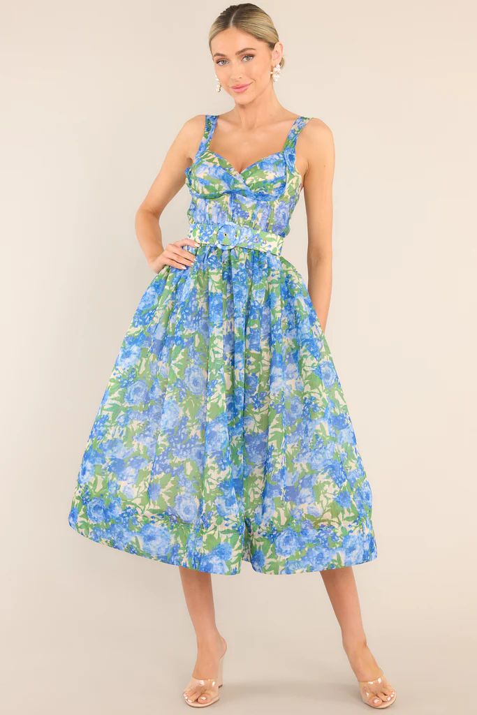 What We Do Blue Floral Belted Midi Dress | Red Dress