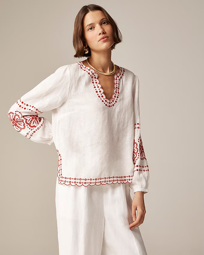 Bungalow embroidered top in linen | J. Crew US