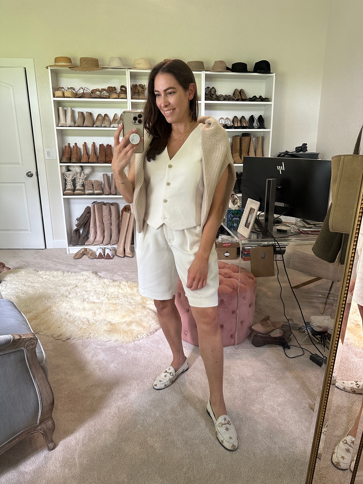 Outfit planning for my trip to Paris! This is a Parisian chic look with the matching vest and long shorts. Topping with a Jenni Kayne cashmere cardigan but it could be any easy cardi. 

#parisianstyle #ltkeurope

#LTKStyleTip #LTKOver40 #LTKTravel
