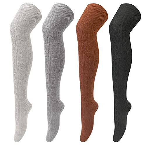 4 Pairs Thigh High Socks for Women Knit Long Over the Knee Socks Knee High Socks Gifts,D-black/Brown/Grey/Dark Grey | Amazon (US)
