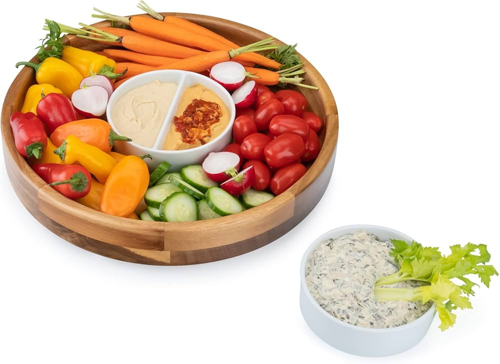 NUGOODS Chip and Dip Serving Set. Acacia Wood Chips and Dip Serving Dish and 2x Dip Dishes. 13in ... | Amazon (US)