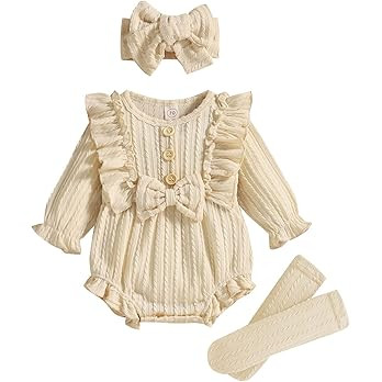 GRNSHTS Newborn Baby Girl Clothes Ruffle Solid Sweater Long Sleeve Romper+Hairband+Socks 3Pcs Fal... | Amazon (US)