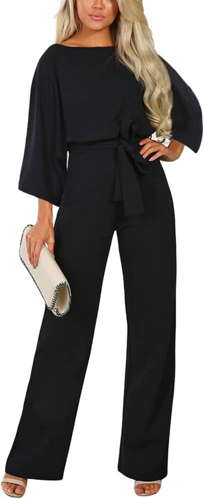 Asyoly Jumpsuits for Women Casual Loose Batwing Sleeve Crewneck Rompers Long Pants Belted Wide Le... | Amazon (US)