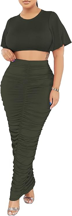 Women's 2 Piece Outfits Flare Sleeve Crop Tops Sexy Bodycon Jumpsuits Maxi Dresses Midi Ruched Sk... | Amazon (US)