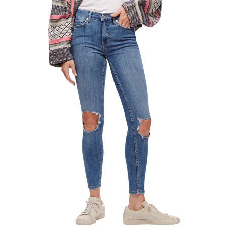 Free People Womens Busted Knee Skinny Jeans 32 Blue Wash Faded Destructed | Walmart (US)