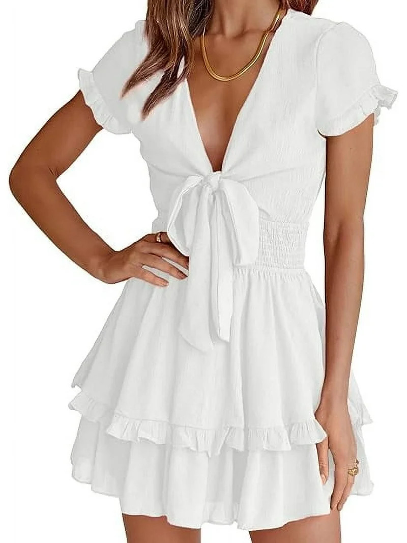 PRETTYGARDEN Women Summer Short Dress V Neck Short Sleeve Tiered Mini Sun Dresses Casual Beach Va... | Walmart (US)