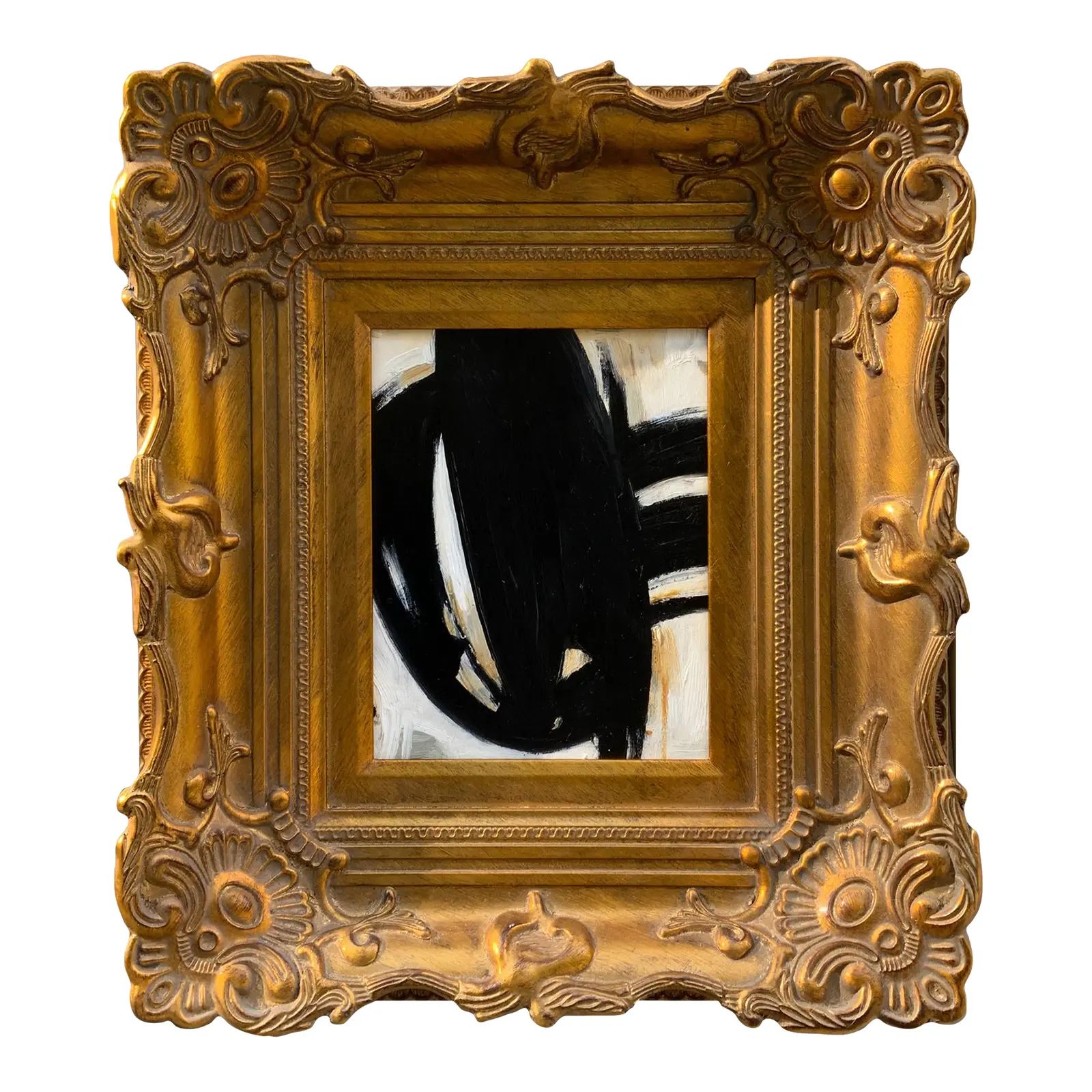 Contemporary Abstract Black and White Painting in Vintage Gold Frame | Chairish
